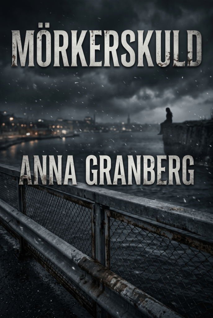 Omslaget till Mörkerskuld av Anna Granberg. Bilden är i mörka färger och visar ett broräcke och en kvinna som sitter på en klippa vid vattnet om natten. En stad syns bortom vattnet.